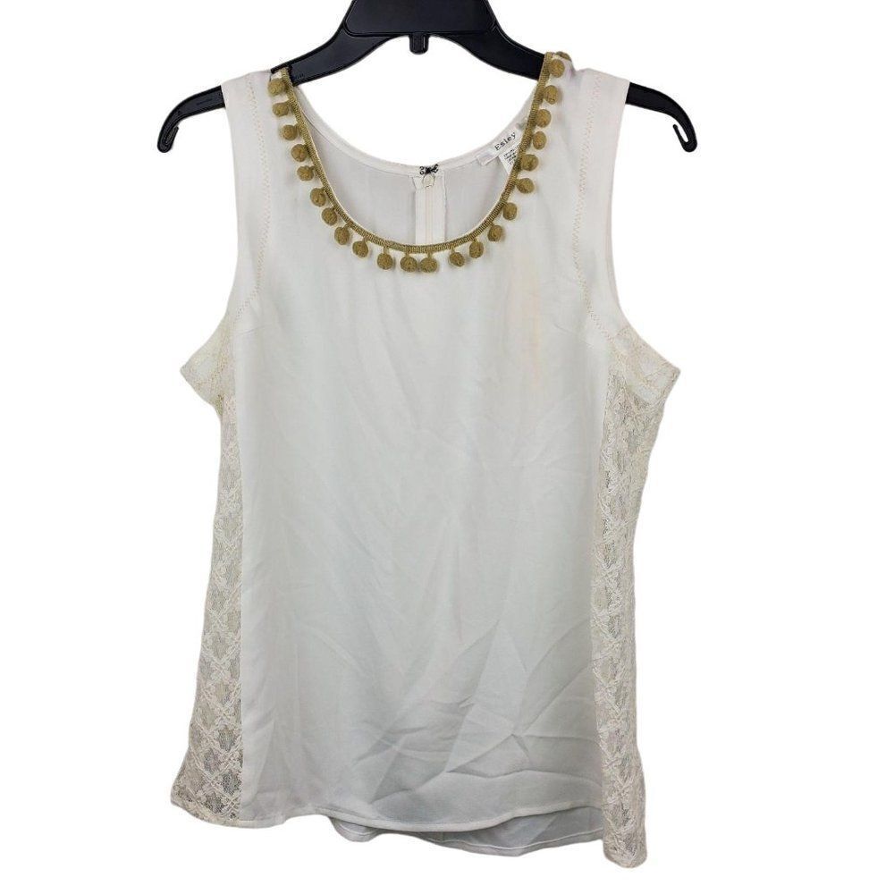 Esley Brand White Lace Sides Tassle Shell Blouse LARGE NWT